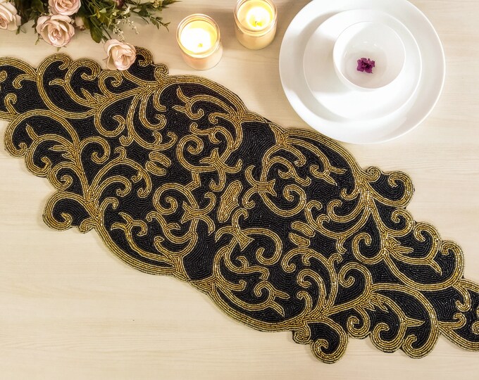 Black and Gold Handmade Beaded Table Runner - Etsy