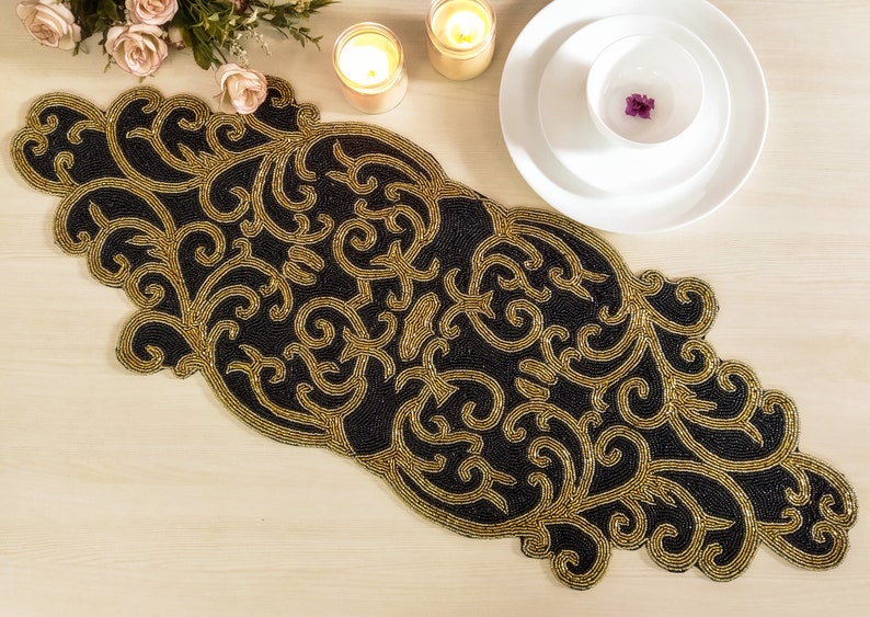 Black and Gold Handmade Beaded Table Runner - Etsy