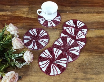 Handmade red and white round beaded coasters - Set of 6