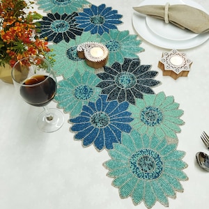 Blue Flowers Handmade Beaded Table Runner