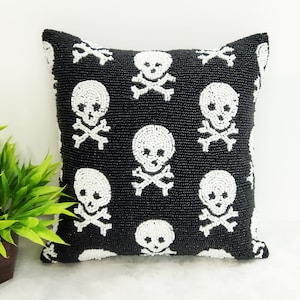 Handmade Black and white Beaded Pillow cover, 12&quot; Square Pillow cover