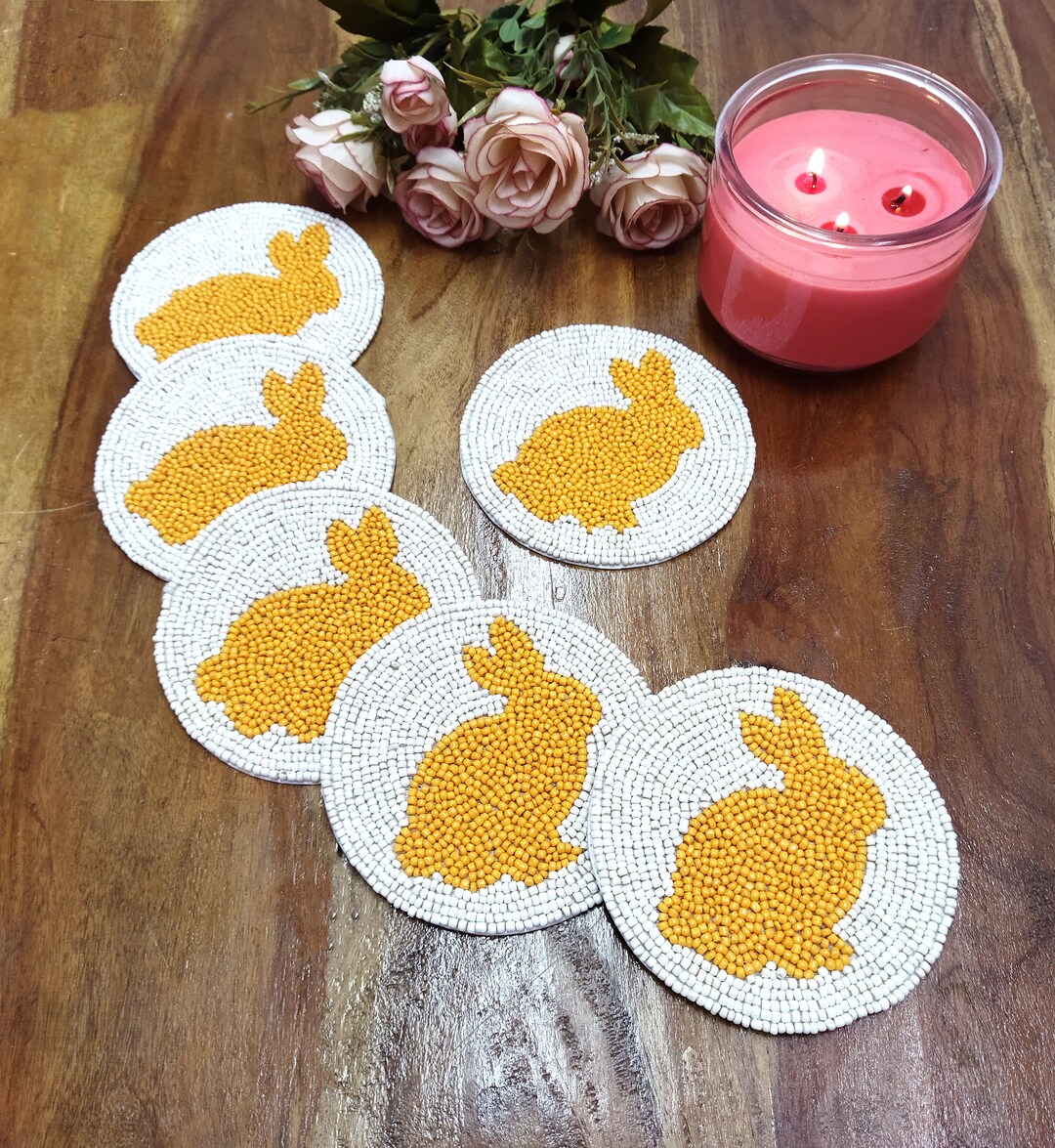 Handmade Yellow Bunny Beaded Coaster - Set of 6 - Etsy