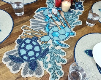 Handmade Blue Turtles Beaded Table Runner
