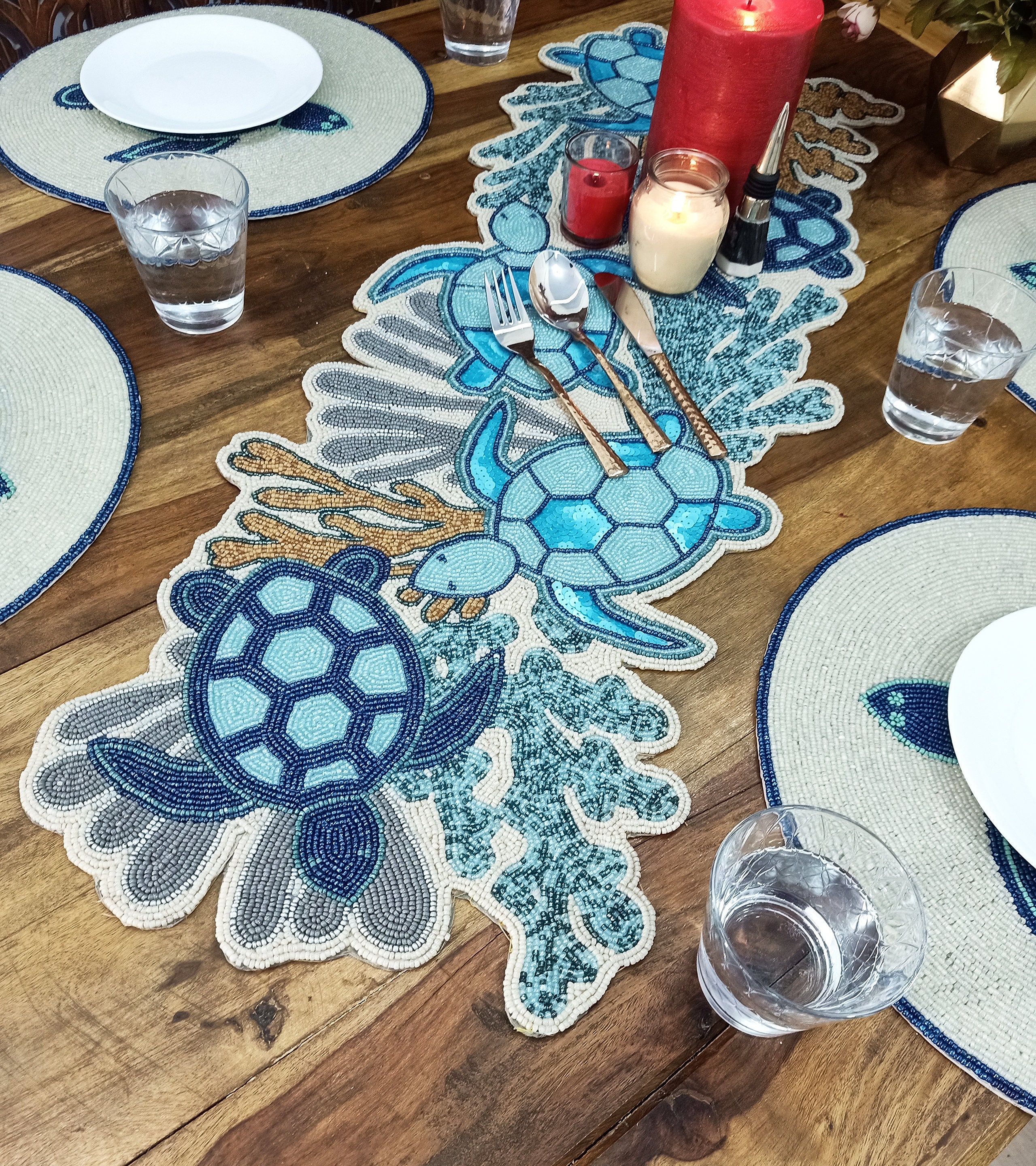 Handmade Blue Turtles Beaded Table Runner - Etsy