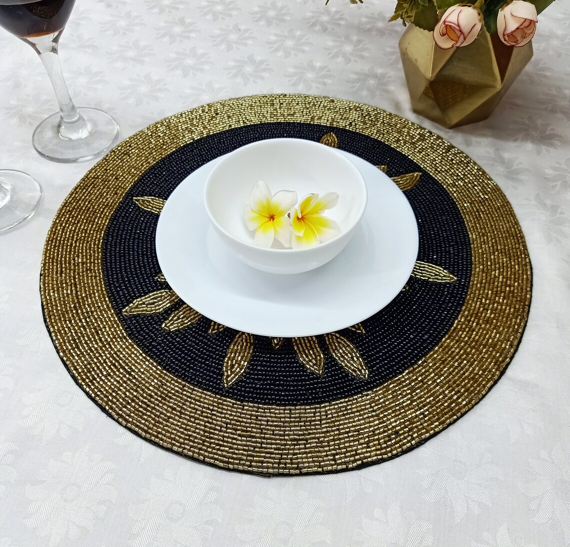 Handmade Black and Gold Round Beaded Placemat Etsy