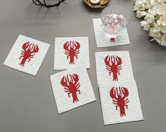 Set of 6 handmade white - red beaded prawn square coasters