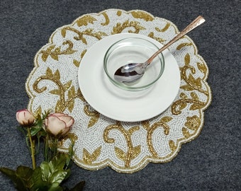 Handmade White Gold Table placemat // Beaded Charger // ornamental design //  Decorative mat // Gift for her //  House warming gift