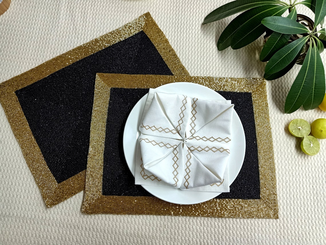 Handmade Black and Gold Beaded Placemat Etsy