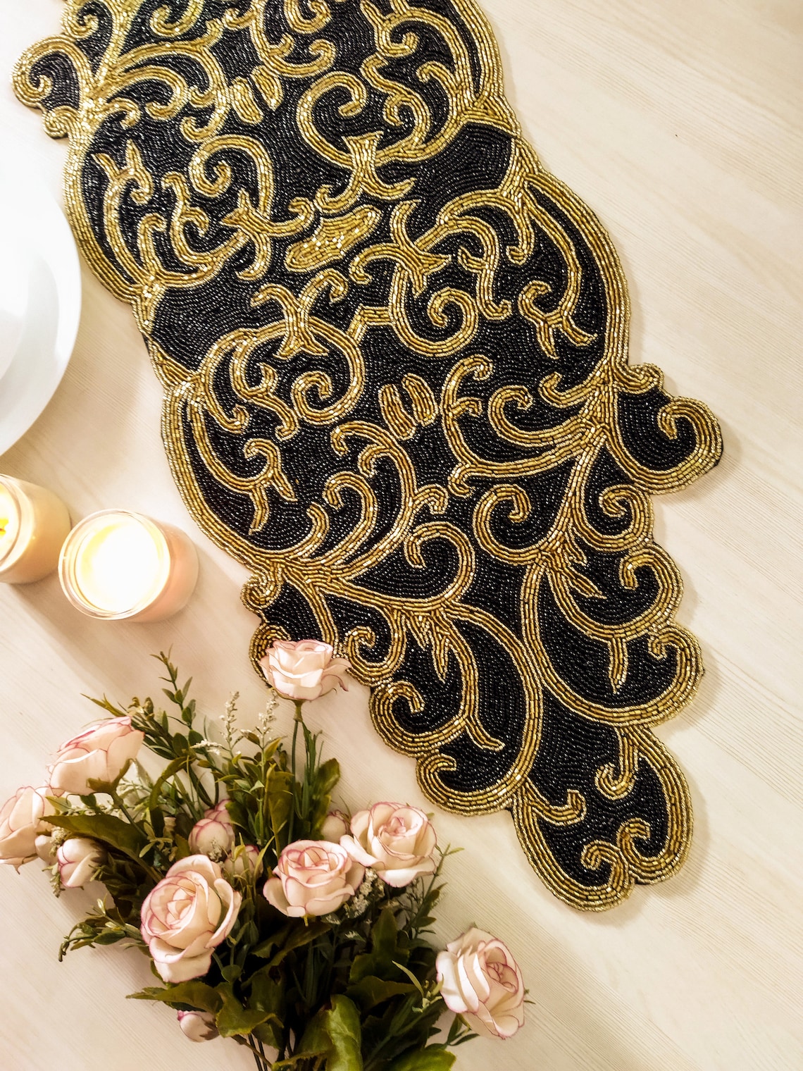 Black and Gold Handmade Beaded Table Runner - Etsy