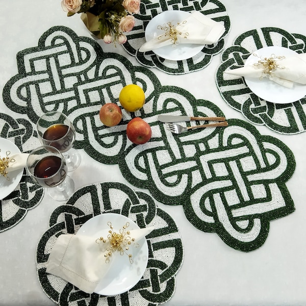 Handmade Bottle Green and White Celtic knot Beaded Table Runner, Placemats also available