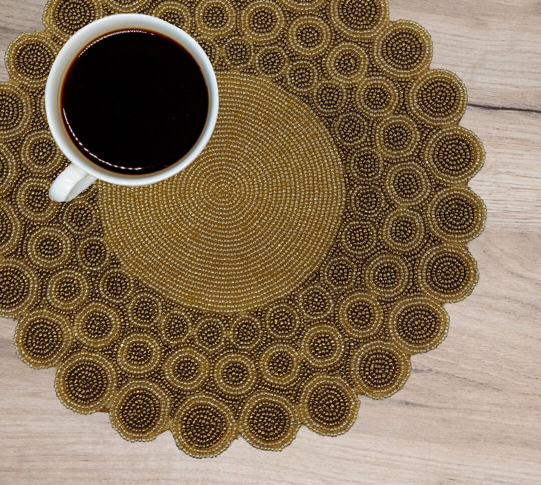 Handmade Gold Table Mat, Dot Pattern, Table Décor, Beaded Charger, Geometric Flower, Decorative