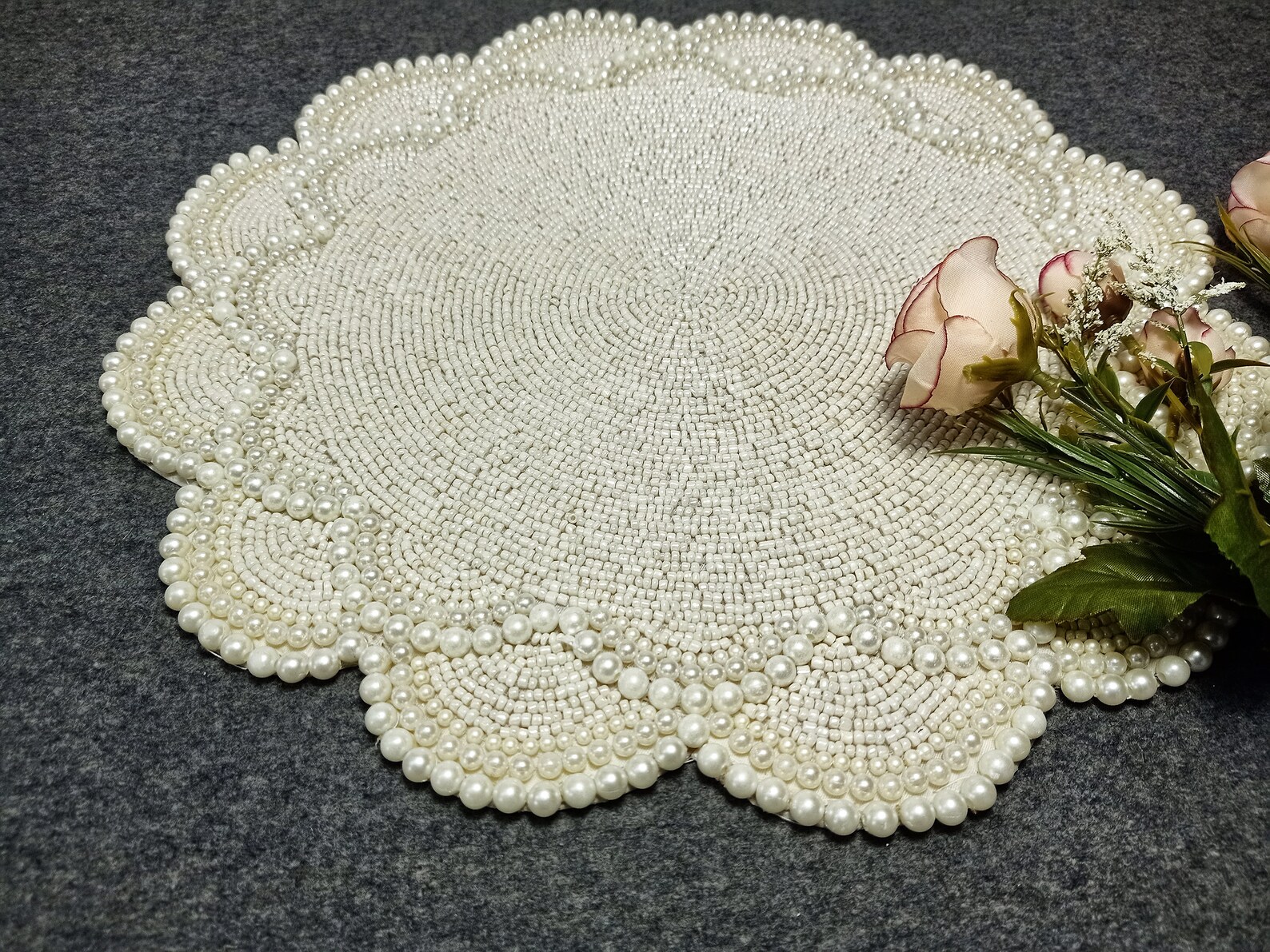 Handmade Pearl Table Placemat // Beaded Charger // Offwhite Etsy