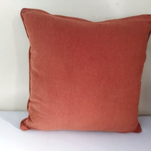May include: A square, terracotta-colored pillow with a soft, textured surface. The pillow has a simple design with a stitched border. The pillow is placed on a white surface, with a plant in a red pot visible in the background.