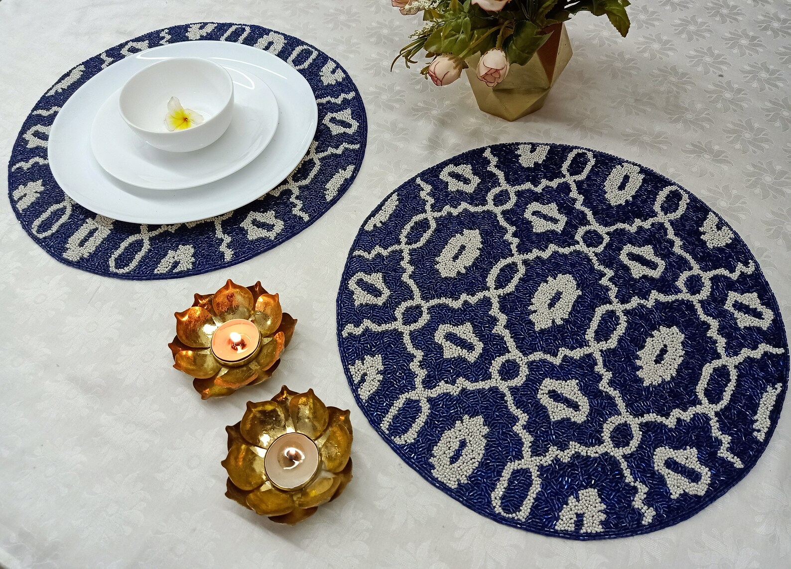 Handmade Blue White Beaded Placemat Etsy