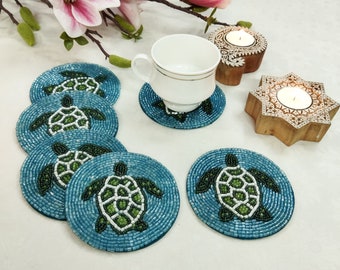 Handmade Blue Turtle Beaded coasters - Set of 6