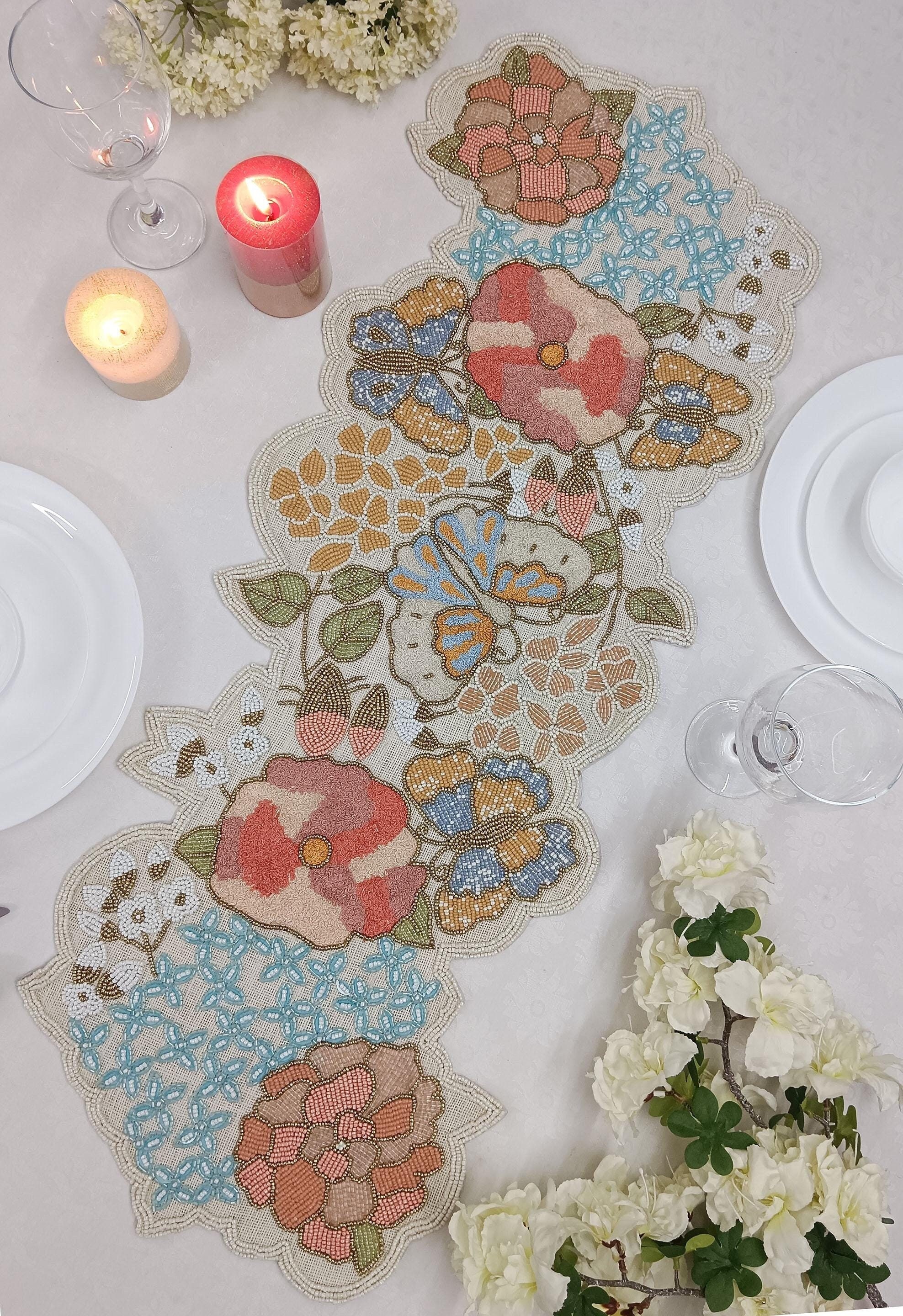 Flowers and butterflies Handmade Beaded Table Runner.