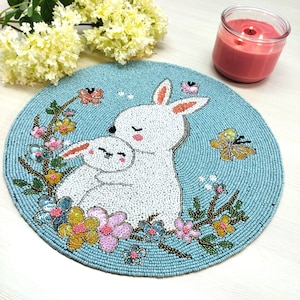 Handmade Bunny Beaded Table Placemat. Easter Table décor