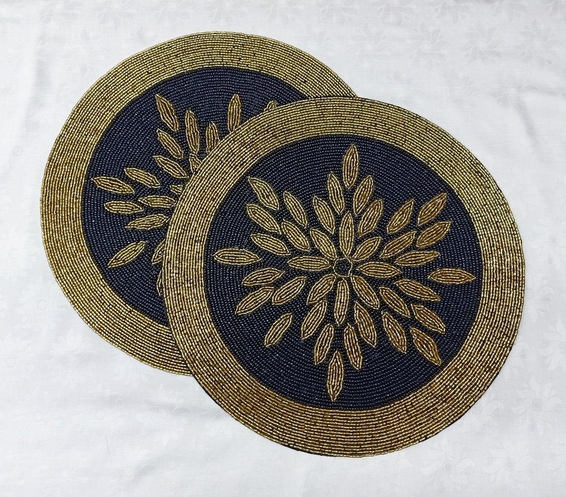 Handmade Black and Gold Round Beaded Placemat Etsy