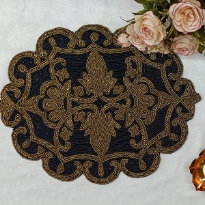 Handmade black & gold ornate design beaded oval placemat