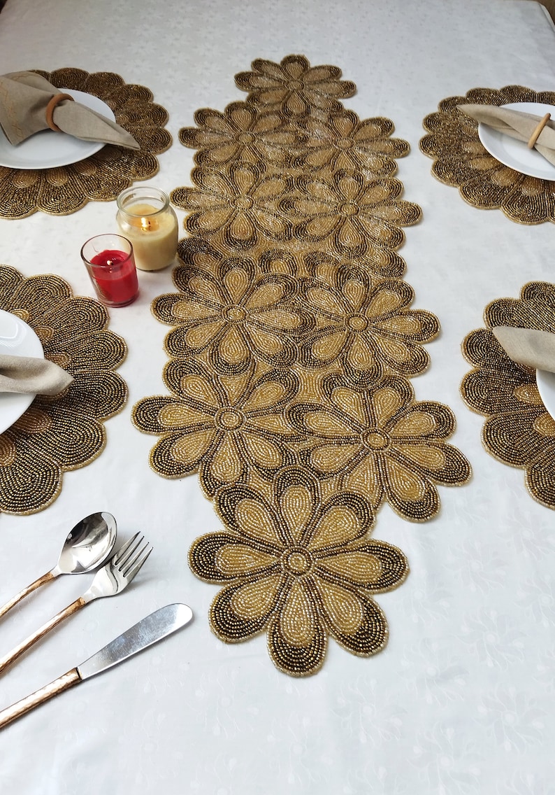 Handmade Gold Flower Beaded Table Runner. Matching Placemats Etsy