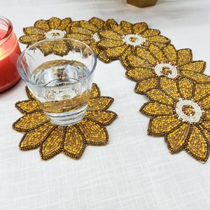 Handmade yellow sunflower shape beaded coasters - Set of 6