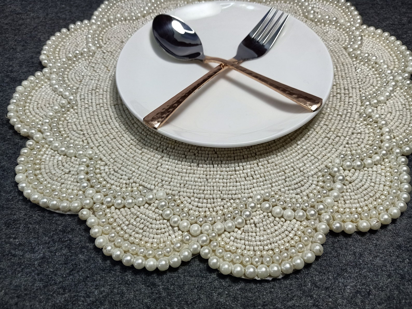 Handmade Pearl Table Placemat // Beaded Charger // Offwhite Etsy