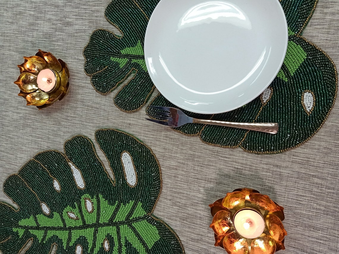 Handmade Green Palm Leaf Beaded Placemat Etsy India