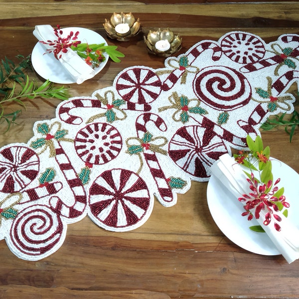 Christmas candies handmade beaded table runner. Matching placemats also available.