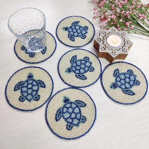 Handmade Blue Turtle Beaded Coasters - Set of 6