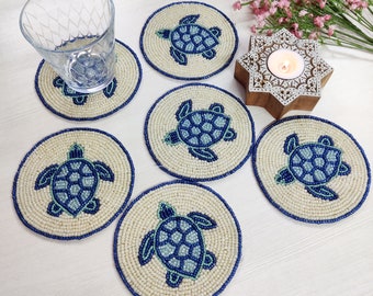 Handmade Blue Turtle Beaded Coasters - Set of 6