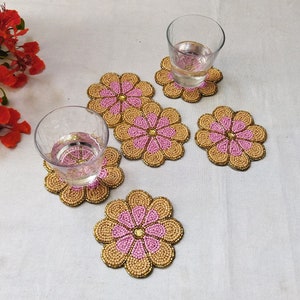 Handmade peach flower shape beaded coasters - Set of 6