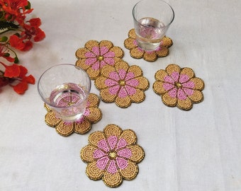 Handmade peach flower shape beaded coasters - Set of 6