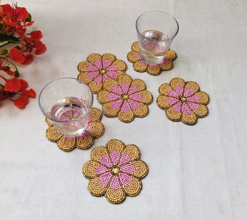 Handmade peach flower shape beaded coasters Set of 6 image 1