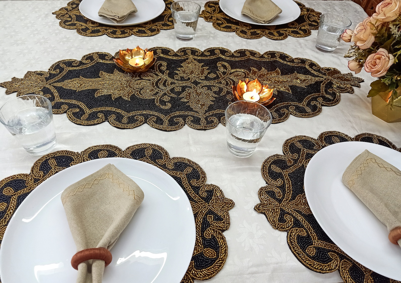 Handmade Black & Gold Beaded Table Runner - Etsy