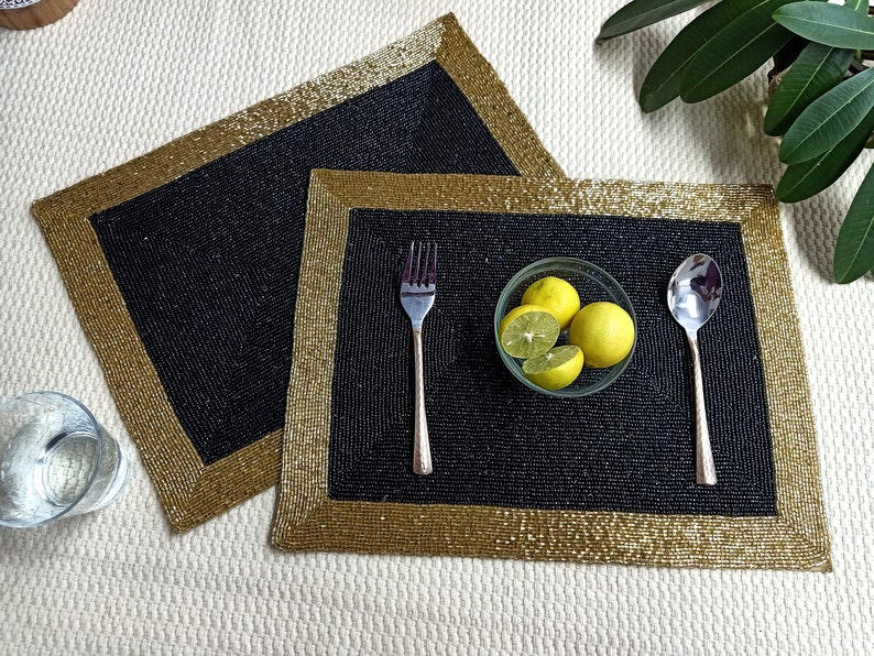 Handmade Black and Gold Beaded Placemat Etsy