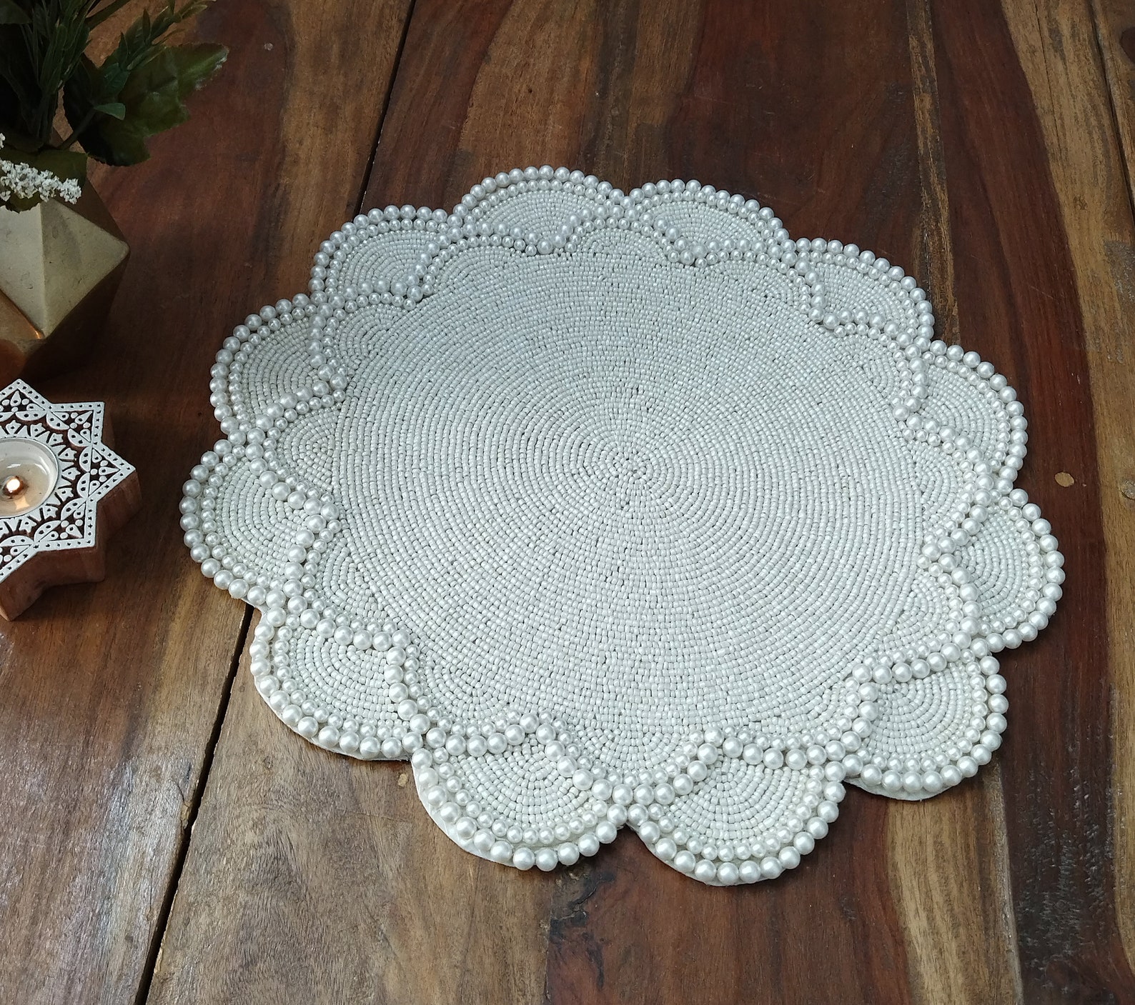 Handmade Pearl Table Placemat // Beaded Charger // Offwhite Etsy