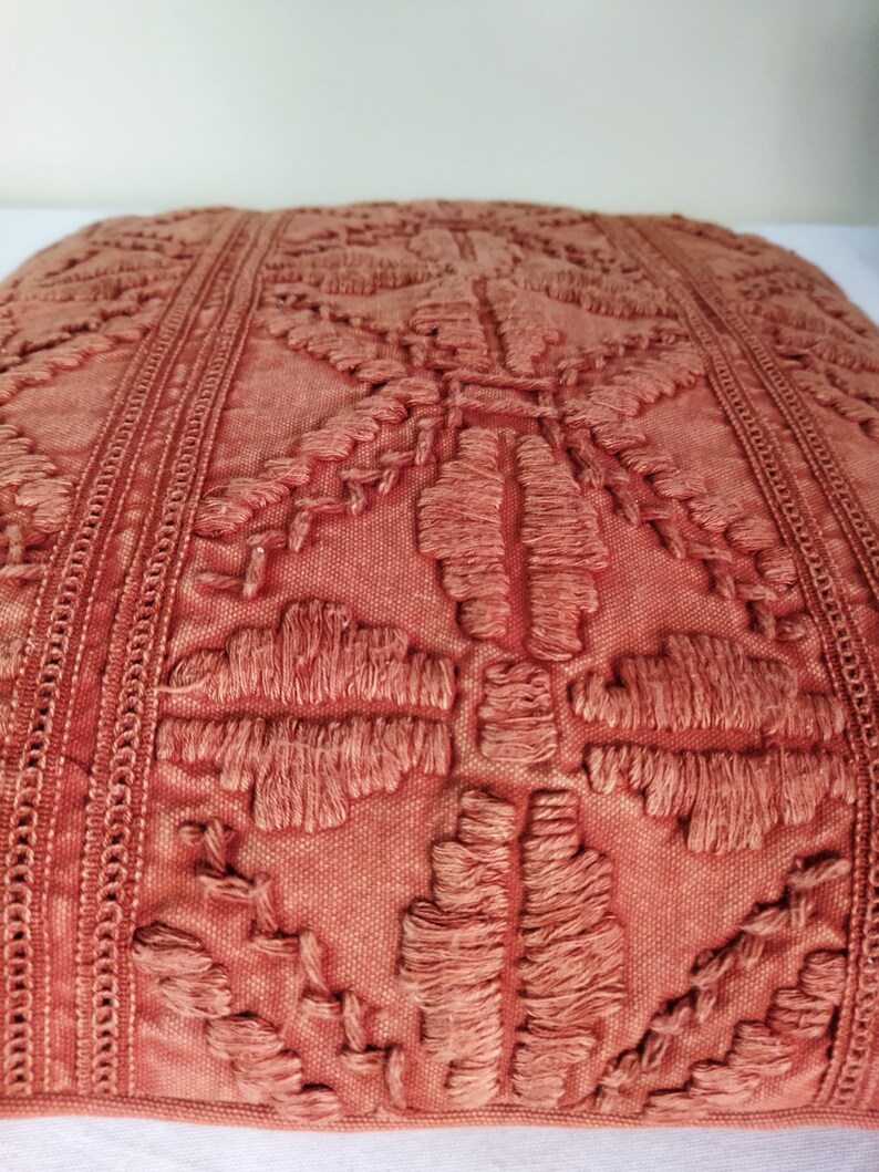 May include: Close-up of a terracotta-colored decorative pillow. The pillow features an intricate, raised embroidery pattern with a geometric and floral design. The edges are finished with a detailed, textured border.