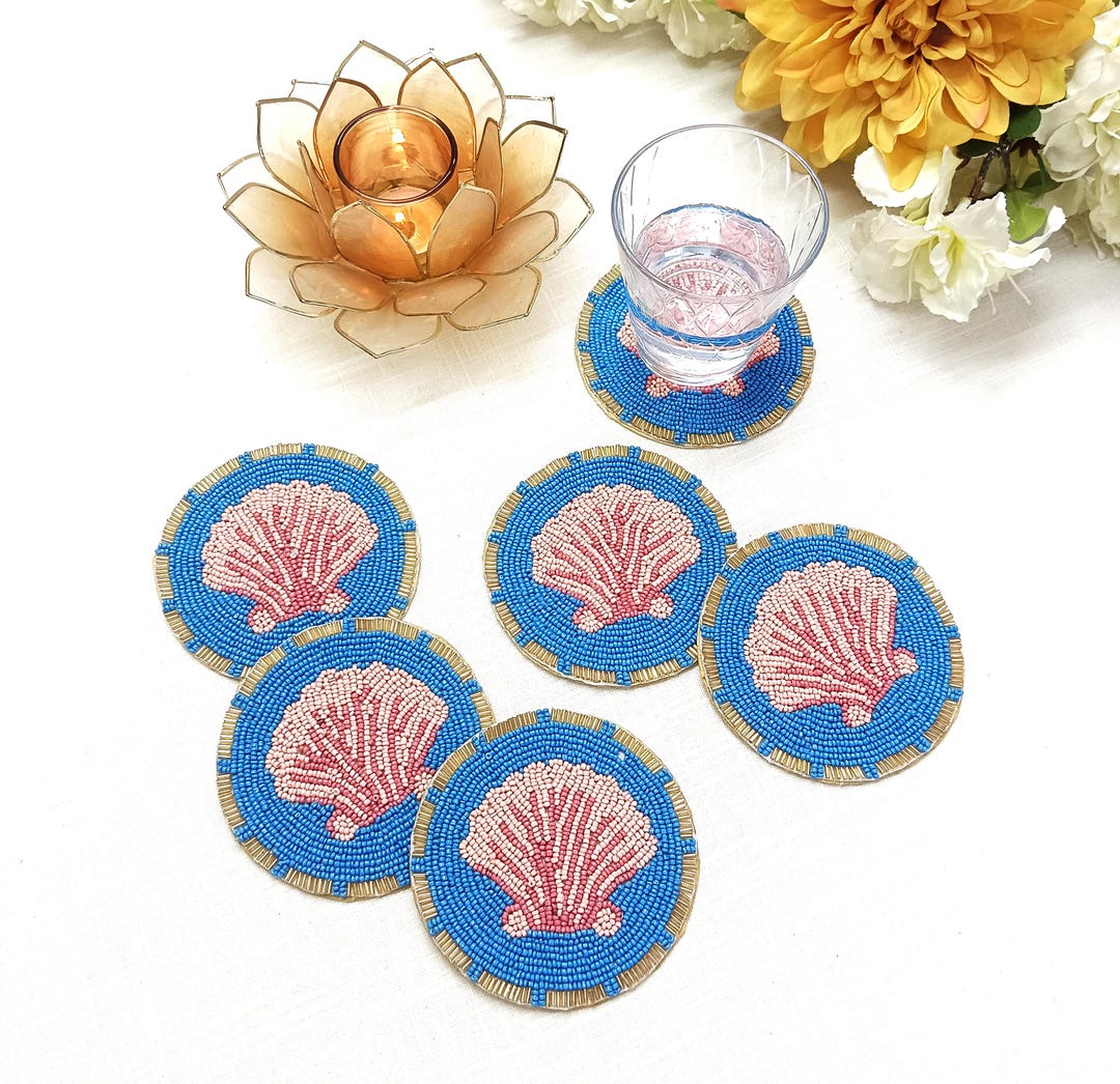 Shell Rim Coasters Set of 6 Handmade Beaded Shell Coasters - Etsy