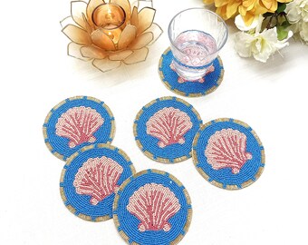 Set of 6 handmade beaded shell coasters
