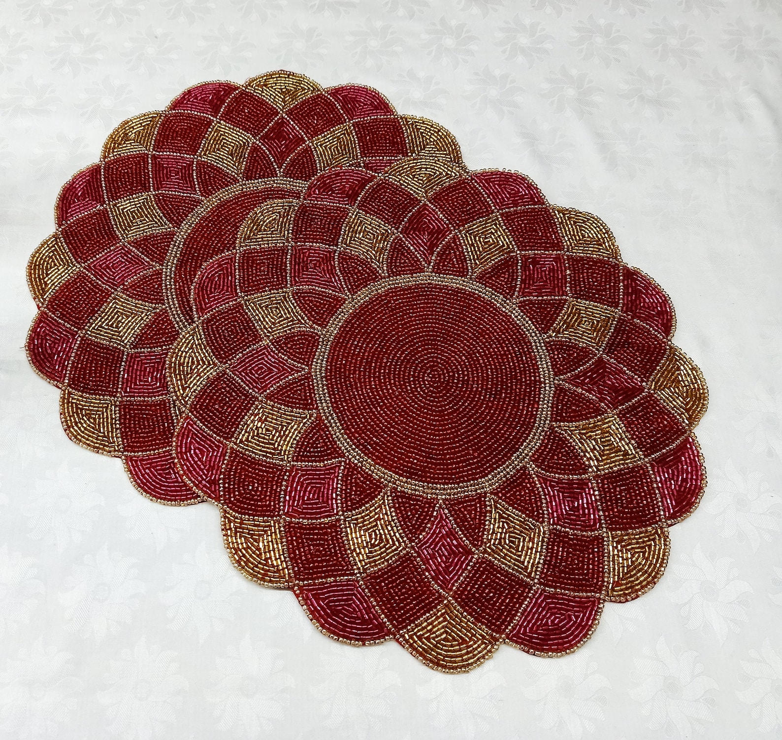 Handmade Red Gold Beaded Placemat Etsy