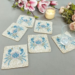 Handmade Square Crab Beaded coasters - Set of 6