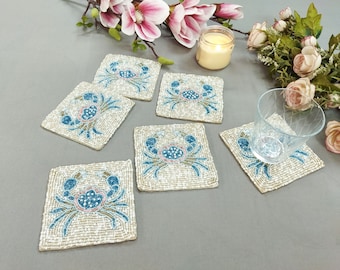 Handmade Square Crab Beaded coasters - Set of 6