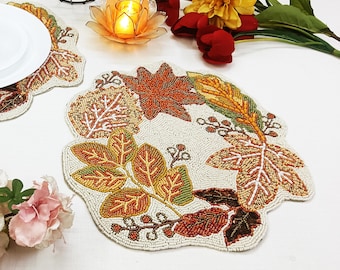 Handmade Autumn Leaves Beaded Placemat | Fall Table Decor | Thanksgiving Beadwork Mat | Orange Gold Leaf Dining Accent