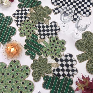 Green clover leaves handmade beaded table runner