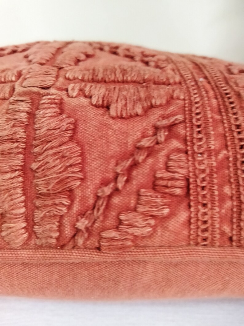 May include: Close-up of a coral-colored decorative pillow. The pillow features a textured design with raised, fringed elements and a detailed border. The fabric appears to be a woven material, adding to the tactile quality of the pillow.