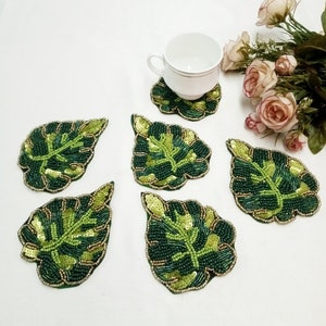 Handmade green leaf shape beaded coasters - Set of 6