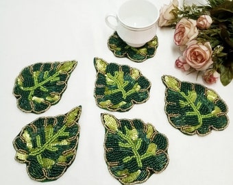 Handmade green leaf shape beaded coasters - Set of 6