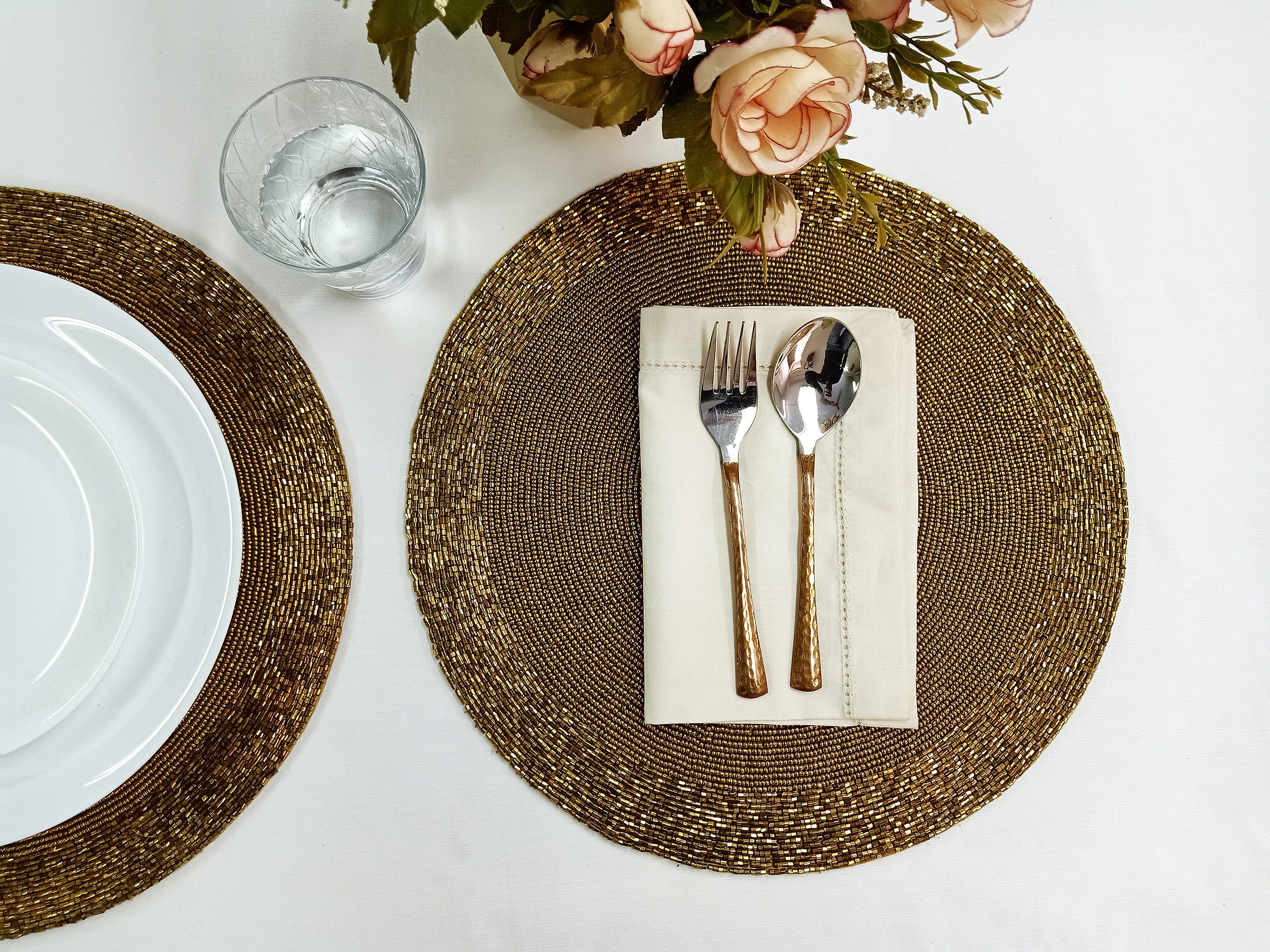 Set of 2 Handmade Gold Beaded Round Placemat Etsy UK