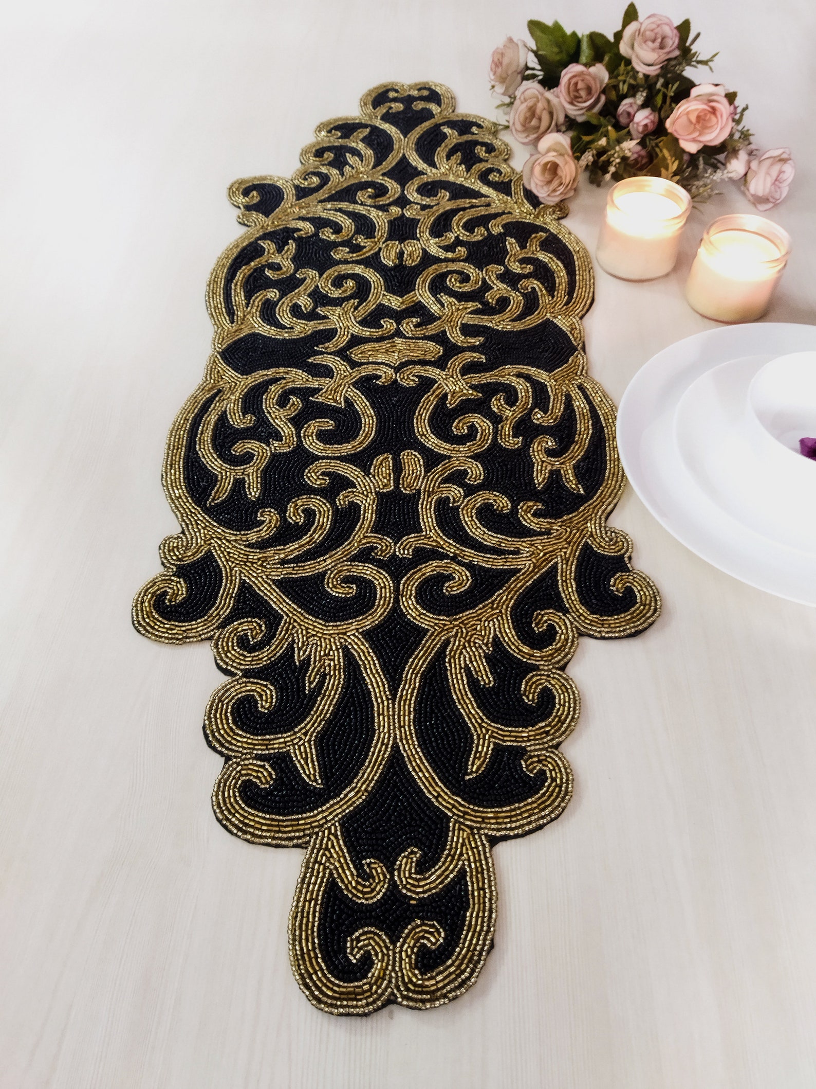 Black and Gold Handmade Beaded Table Runner - Etsy