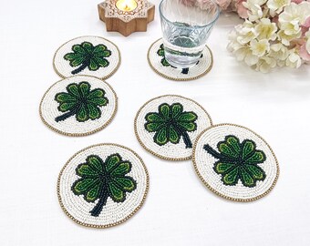 Handmade Clover Beaded Green & Gold Coasters | Lucky Leaf Table Decor | White Beadwork Coaster Set - Set of 6